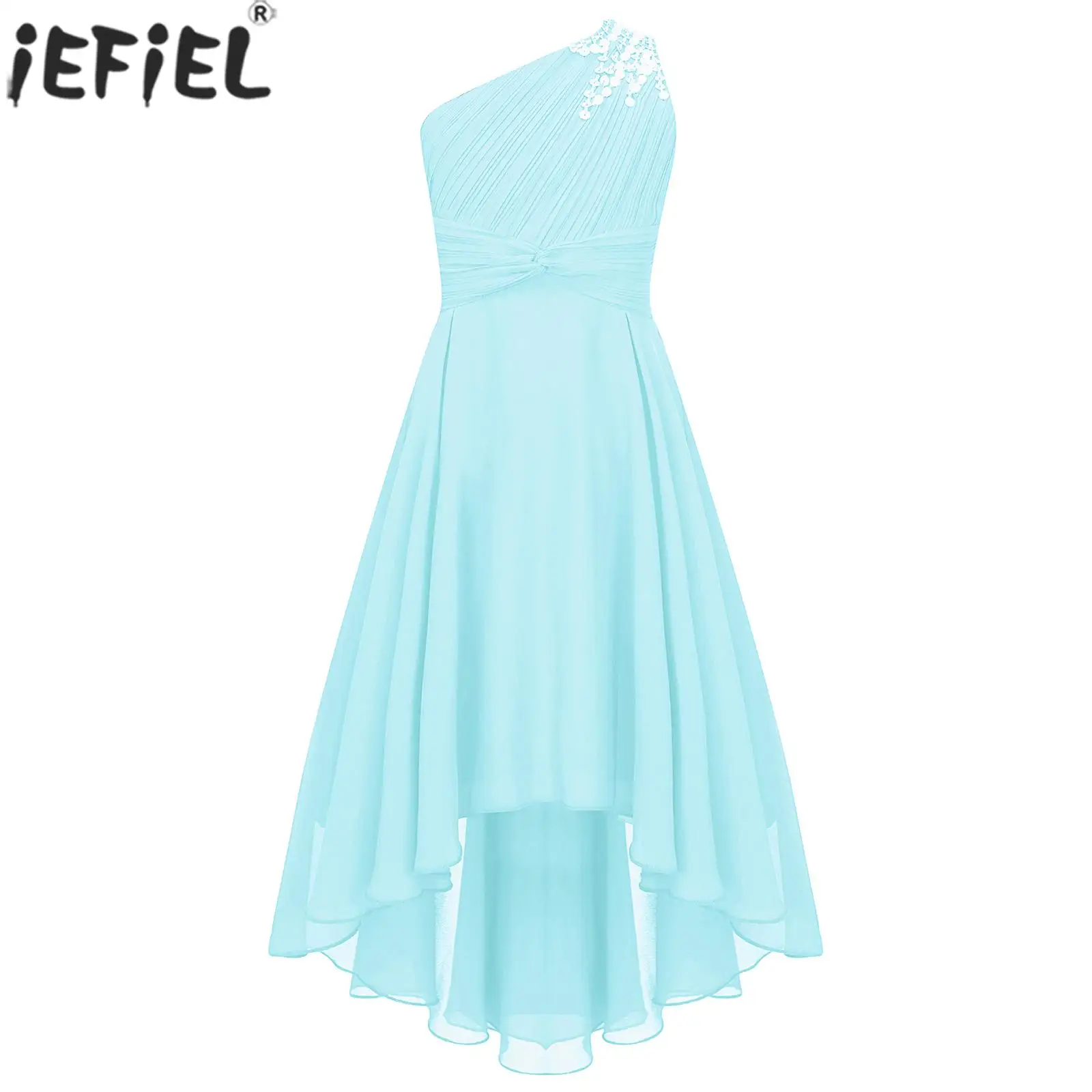 Girls Elegant Princess Christmas Wedding Birthday Party Dress One Shoulder Shiny Beaded Hi-low Hem Chiffon Ruched Evening Gown