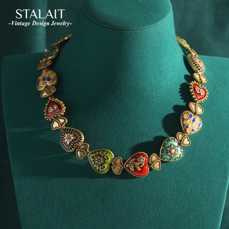 Vintage Enamel Colorful Heart Necklace for Woman 2026 Gold Plated Jewelry 18k Retro Brand Party Accessories Wedding High Quality