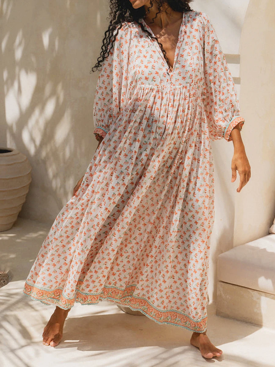 New Fashion Women Long Dress 3/4 Sleeve Dress V Neck Floral Loose Summer Casual Swing Dress Club Street Style Hot Sale S-XL