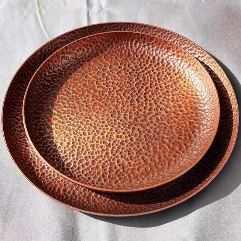 

Round Shape Red Copper Cheese Tray,Retro Engraving Hammer Texture Home Portable Food Plate,Snack Fruit Disc Table Decorationk