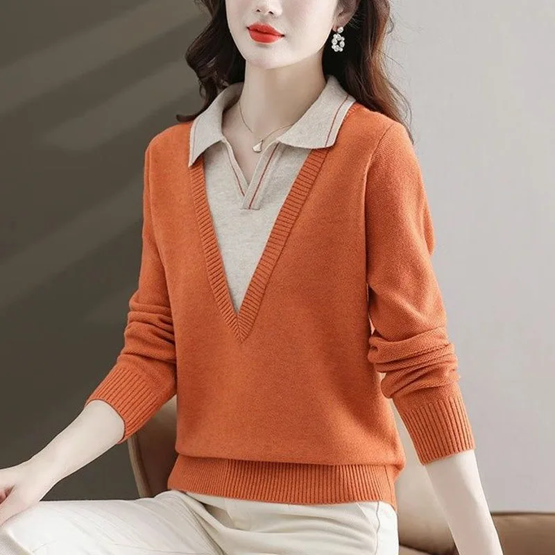 Spring and Autumn Fashion Trend Polo Collar Color Matching Versatile Loose Fake Two Piece Westernized Women\'s Knitted Sweater