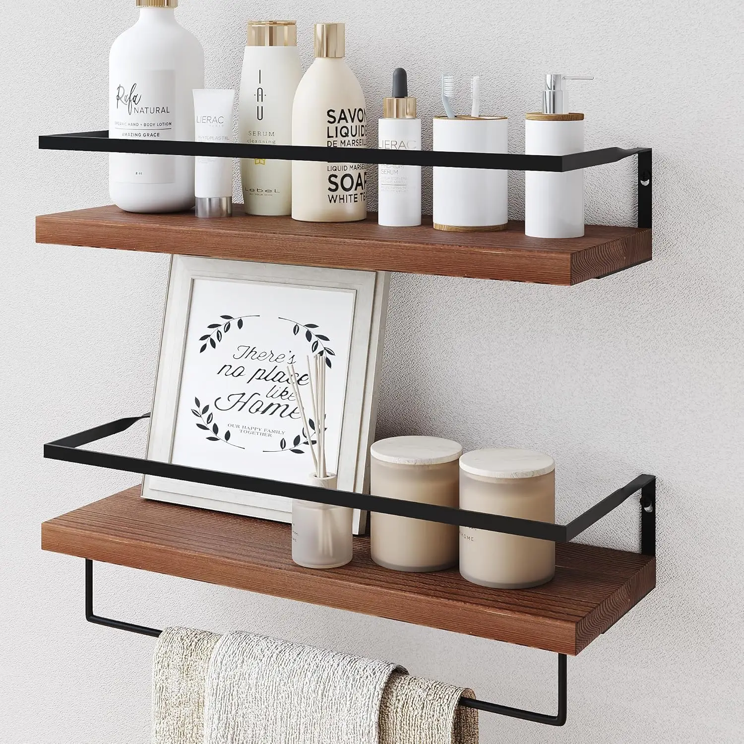 

Wood Floating Shelves Wall Mounted - 2+1 Tier Rustic Bathroom Wall Shelves Over Toilet with Towel Bar, Natural Wood Set