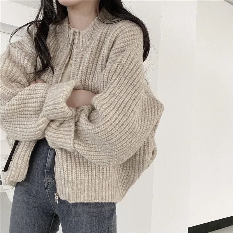 Deeptown Vintage Cropped Zipper Sweater Women Oversized Korean Fashion Autumn Knit Jumper Aesthetic Winter Warm Casual Cardigan