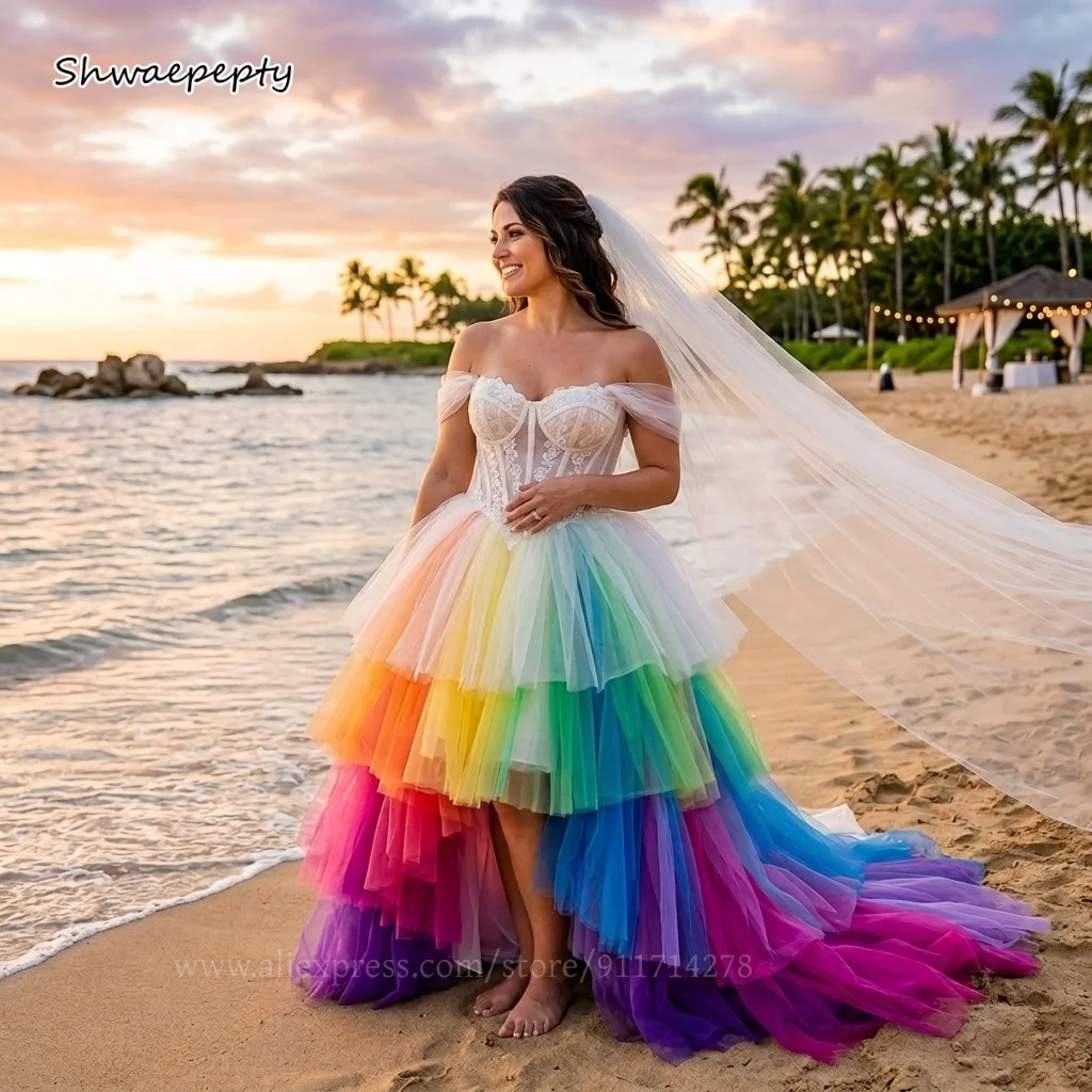 Hi-Lo Rainbow Tulle Beach Wedding Dress Off-Shoulder Tiered Skirt A-Line Boho Colorful Bridal Gowns Robe de mariée Customized