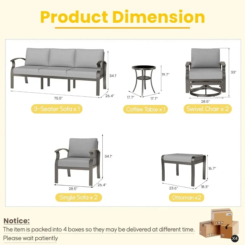 Ensemble de meubles en aluminium avec chaises à bascule, 8 pièces, 9 sièges, extérieur, métal. cConversation, sectionnel W, bitions, omans