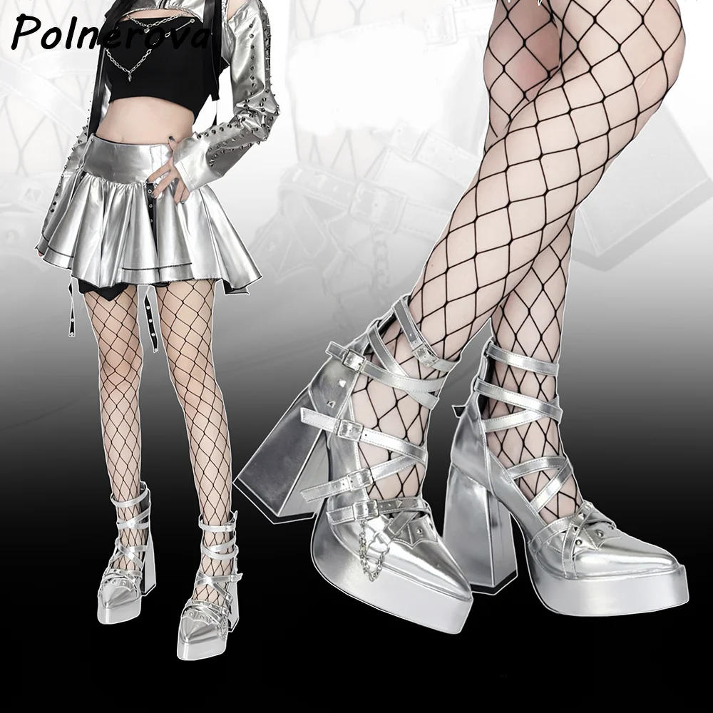 Gothic Strappy Platform Pumps Black/silver Patent Leather Pointed Toe Shoes Buckle Wraps Chain Charm Punk Rock Alternative Shoes