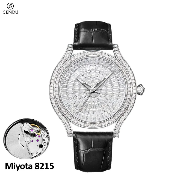 Luxury Men Watch Automatic Miyota 8215 CZ Cubic Zirconia Diamond Dial Watches for Men 42mm See-through Back 5 ATM Leather