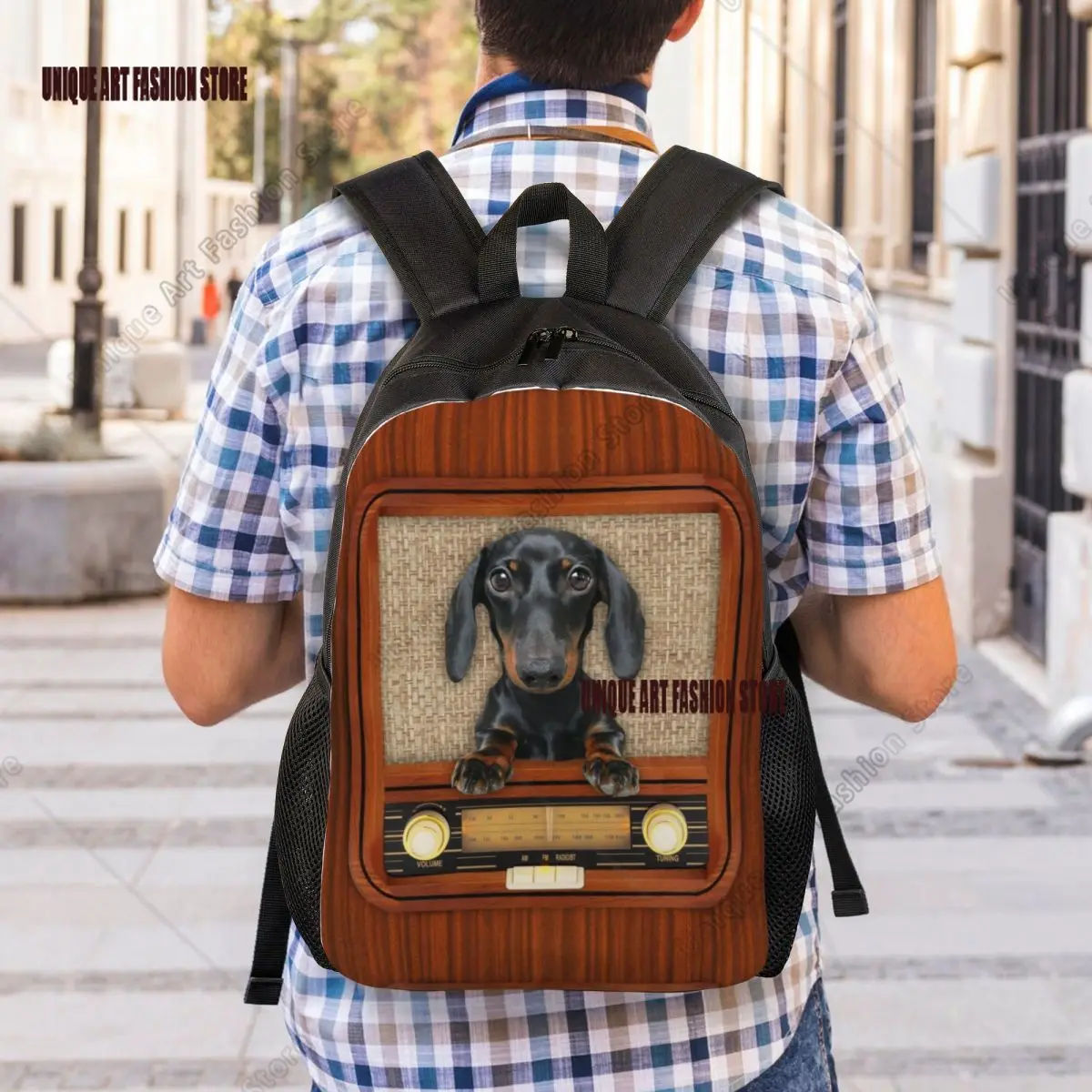 Dachshund Dog On Radio Backpack for Men Women College School Students Bookbag Fits 15 Inch Laptop Badger Wiener Sausage Bags view 6