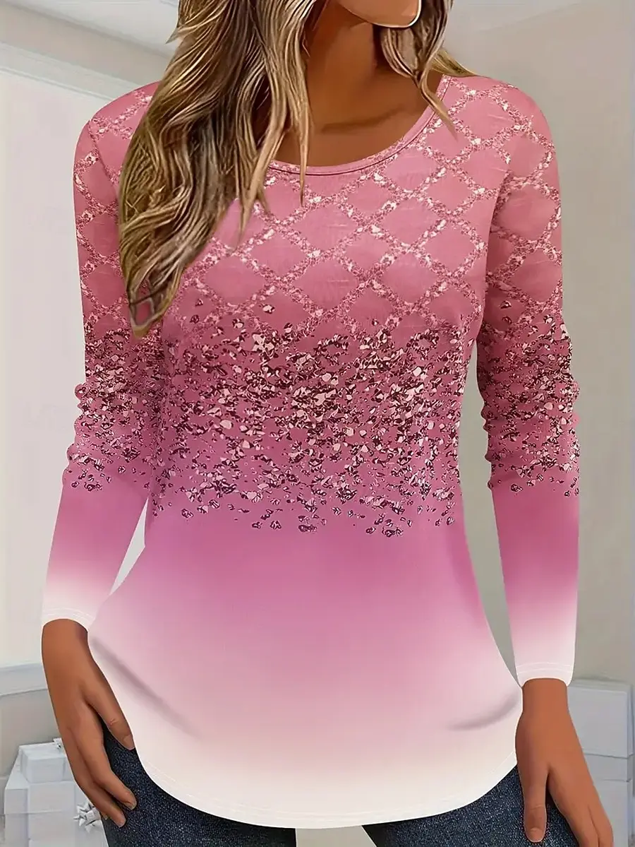 Women's T-shirt 3D elegant gradient print fashion long sleeve round neck regular top holiday weekend spring and autumn
