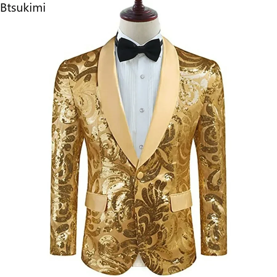 2024 Men\'s Shiny Gold Sequins Blazer Stylsih Shawl Collar One Button Tuxedo Floral Suit Jacket Party Wedding Groom Costume Homme