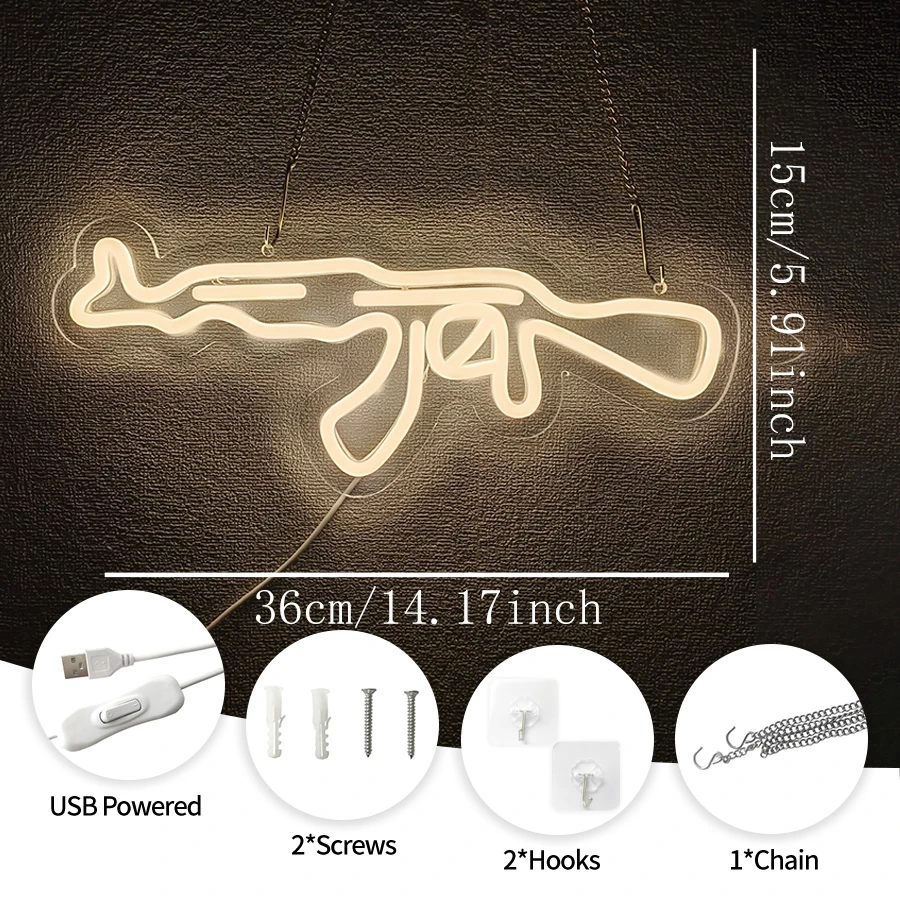 AK47 Gun Neon Sign,Game Gun Shape Wall Art LED Neon Lights,USB Powered for Home Bar,Bedroom,Man Cave,Game Room Decor,Party,Gift