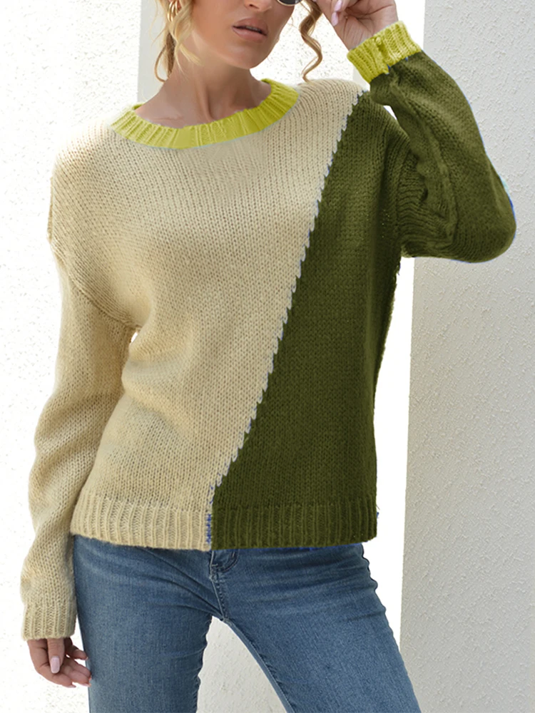 

Women's Retro Striped Pullover Sweater round Neck Long Sleeve Knitted Loose Fit Casual Fashionable Top