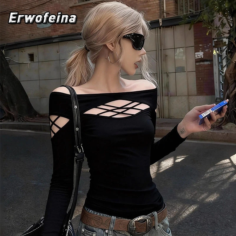 

Erwofeina American Style Hollow Out Women's T-shirt Long Sleeve Black Slim 2000s Clothes Y2k Tees Female Clothing Tshirt Tops