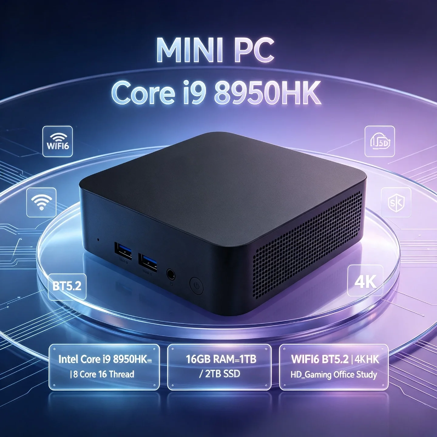 코어 i9 8950HK 인텔 미니 PC 16GB 램 1TB/2TB SSD M.2 WiFi 6 BT5.2 저전력 NVMe 데스크탑 컴퓨터 프로 유닛