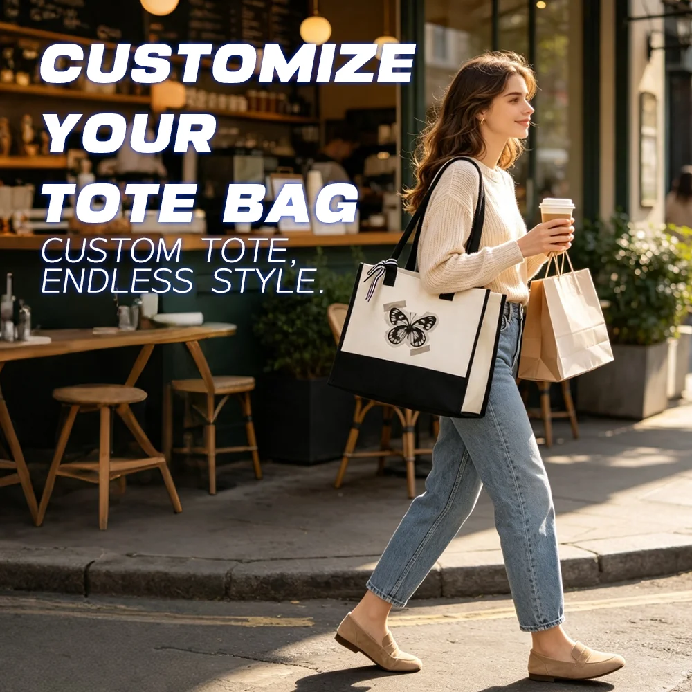 Custom Print Spliced Canvas Gift Tote Bag Personalized Logo Text Pattern Front Back Printed Reusable Shopping Shoulder Handbag