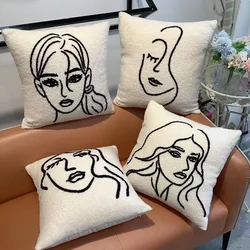 Lambswool Face Embroidered Cushion Cover 45x45 Beige White Abstract Art Pillowcase Light Luxury Decorative Pillows for Sofa