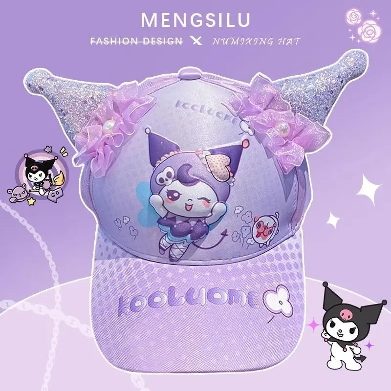 

Зимняя шапка Sanrio Kuromi для девочек, мультяшная, теплая, с плюшевым воротником, в корейском стиле, с бантом, подарок, Y2K