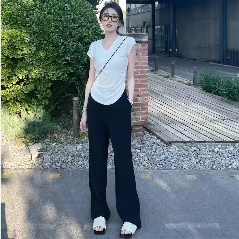 Summer new slim fit and slimming V-neck shoulder t-shirt top+fashionable casual wide leg pants women's two-piece set