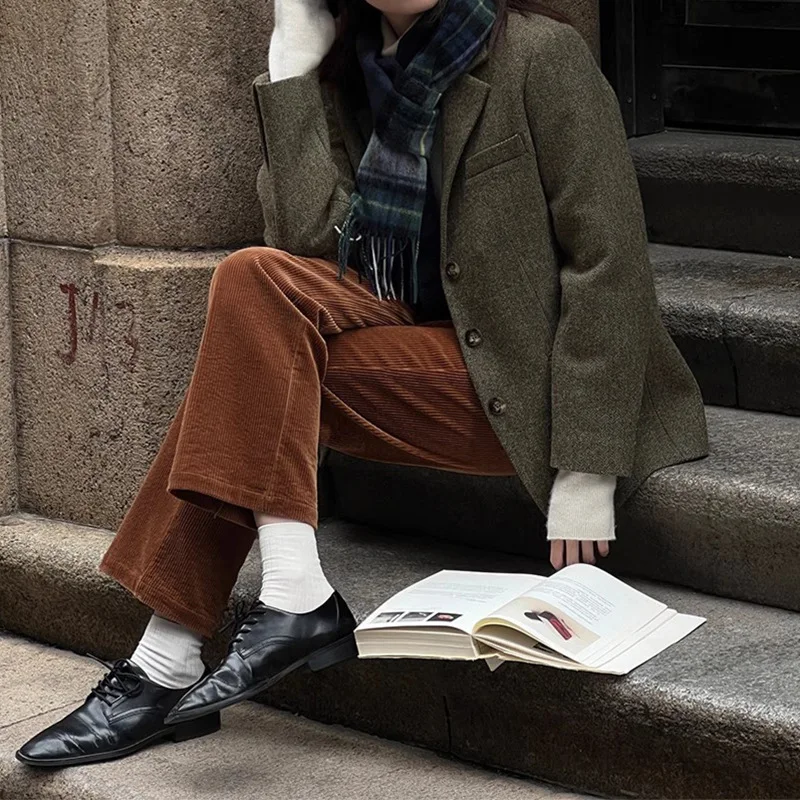 Allingentle Woolen Herringbone Women's Coat Single-Breasted Jacket Fashion Suit Blazer for Casual Office Customize