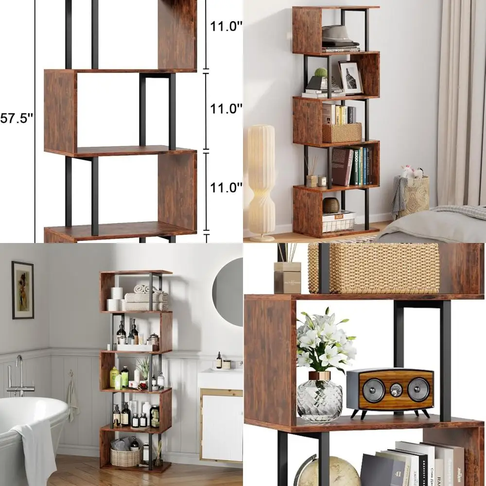 

Современная 6-уровневая книжная полка с геометрическим рисунком, высокая S-образная деревянная и металлическая стойка, коричневая декоративная витрина в деревенском стиле для дома и офиса