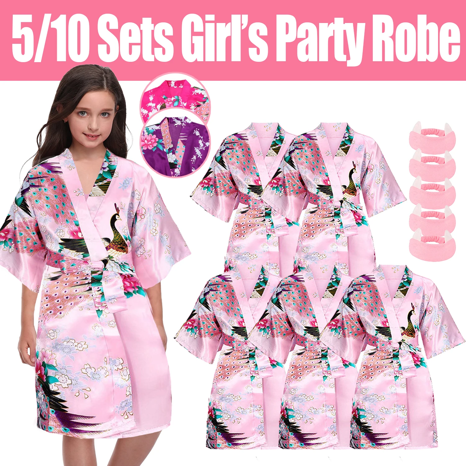 5/10Sets Spa Party for Girls Kids Robes Kmono Girl Birthday Party Satin Robes Flower Girl Bathrobe DIY Bathrobes with Headband