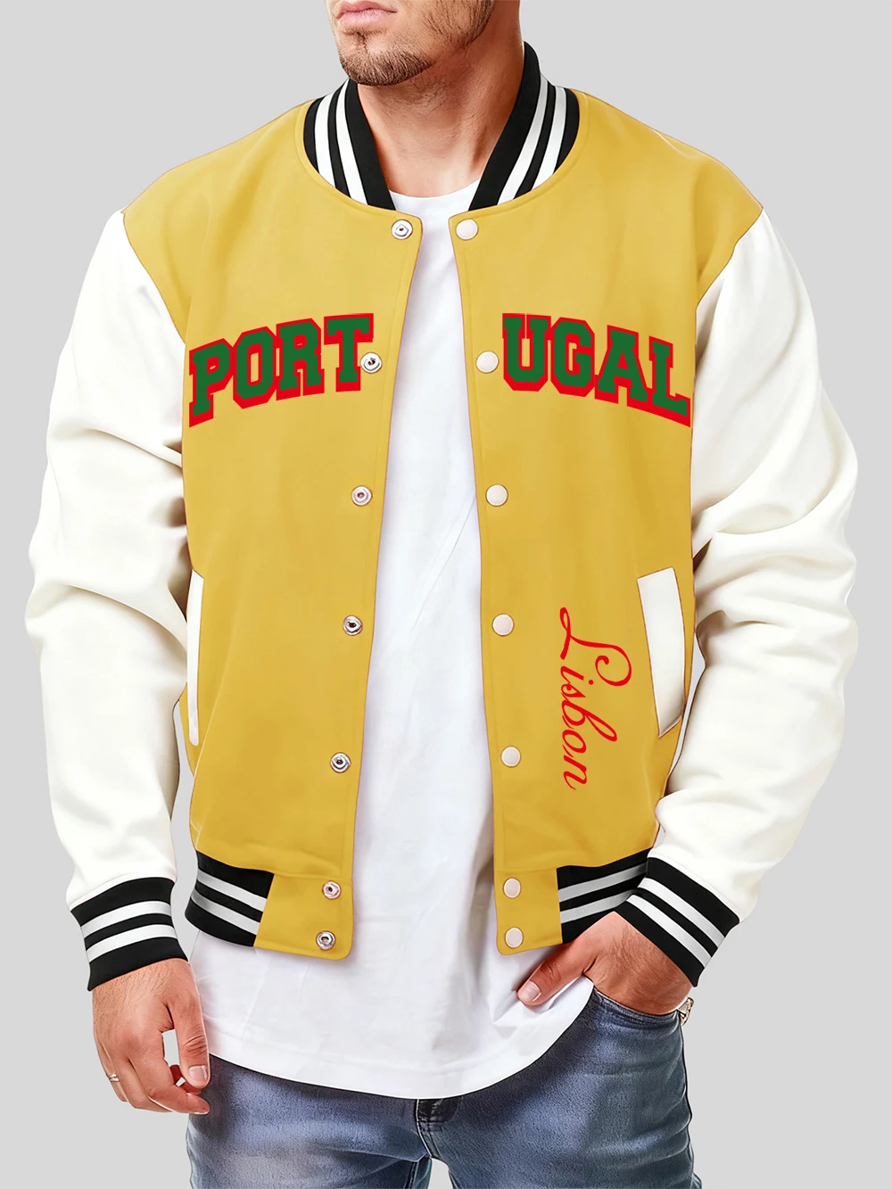 

Portugal Lisbon Prints Cotton Jackets Men'S Winter Fleece Warm Baseball Jersey Casual Pocket Coats Comfortable Loose Men Clothes