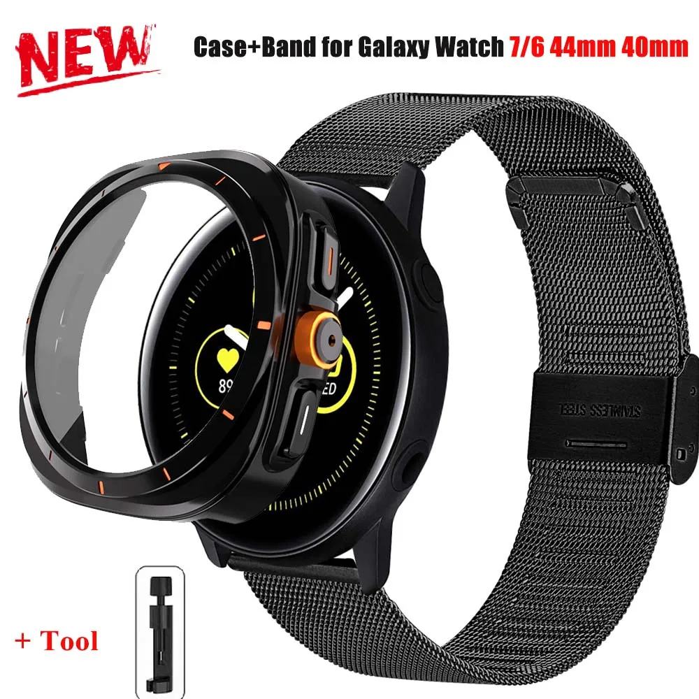 Change To Ultra Case Screen Protector Glass+Band For Samsung Galaxy Watch 7 44mm 40mm Strap Steel Mesh band for Galaxy Watch 6