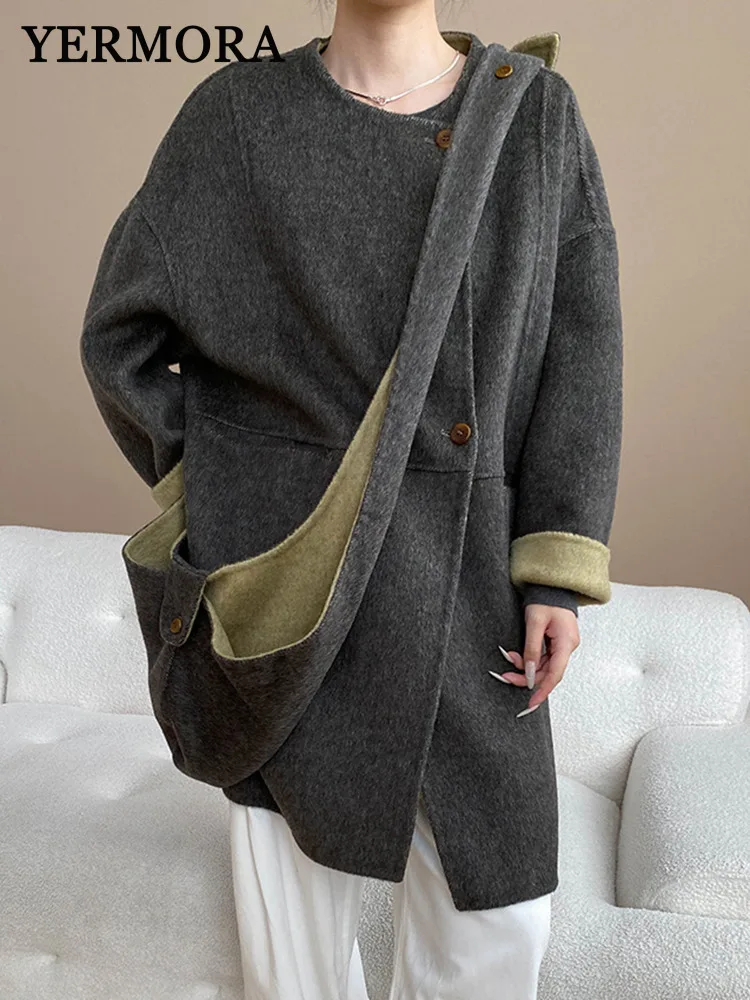 YERMORA invierno nuevo gris Detachable capucha diseño abrigo de lana para mujeres cuello redondo manga larga suelta nuevo abrigo moda marea otoño