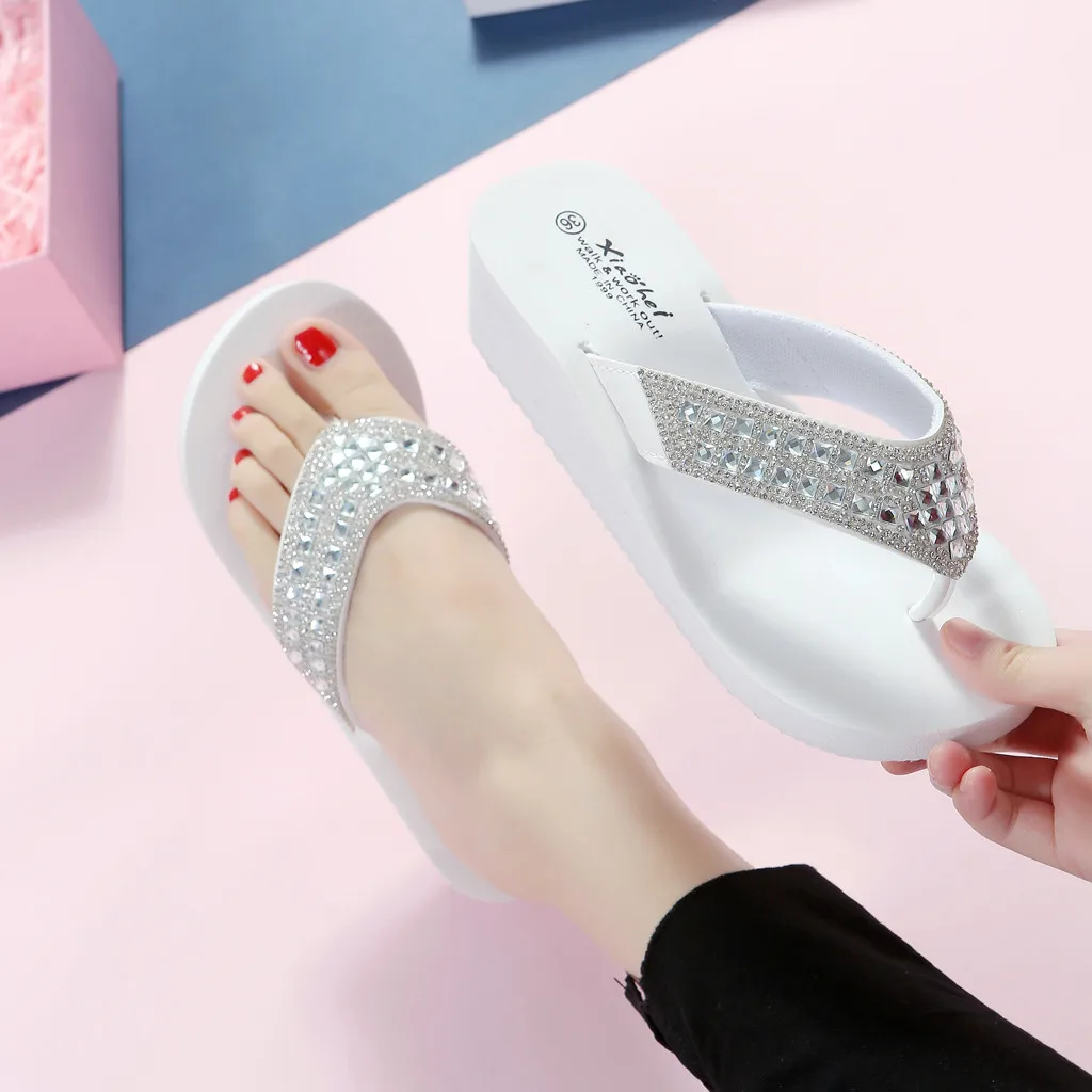 Fashion Rhinestones Slippers Summer Casual Women Wedges Platform Non Slip Flip Flops Classic Women Outdoor High Heel Slippers