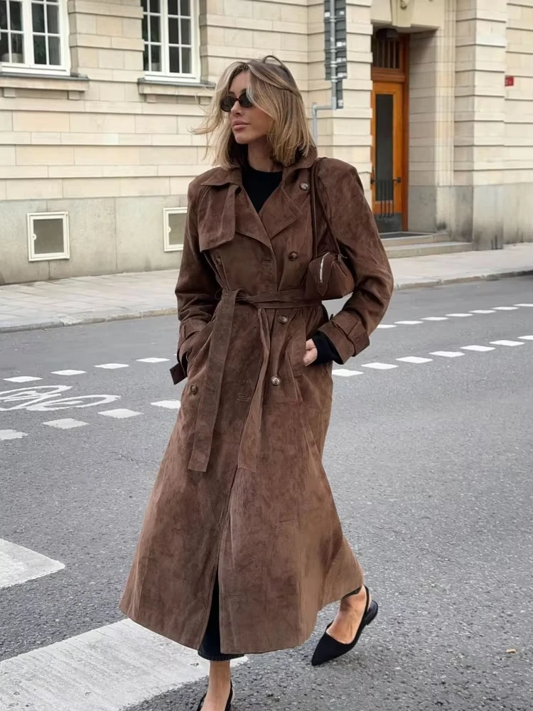 

Suede Women Long Coat With Belt Vintage Lapel Double Breasted Split Lady Overcoat 2024 New Autumn Lady Long Jacket Street Tops