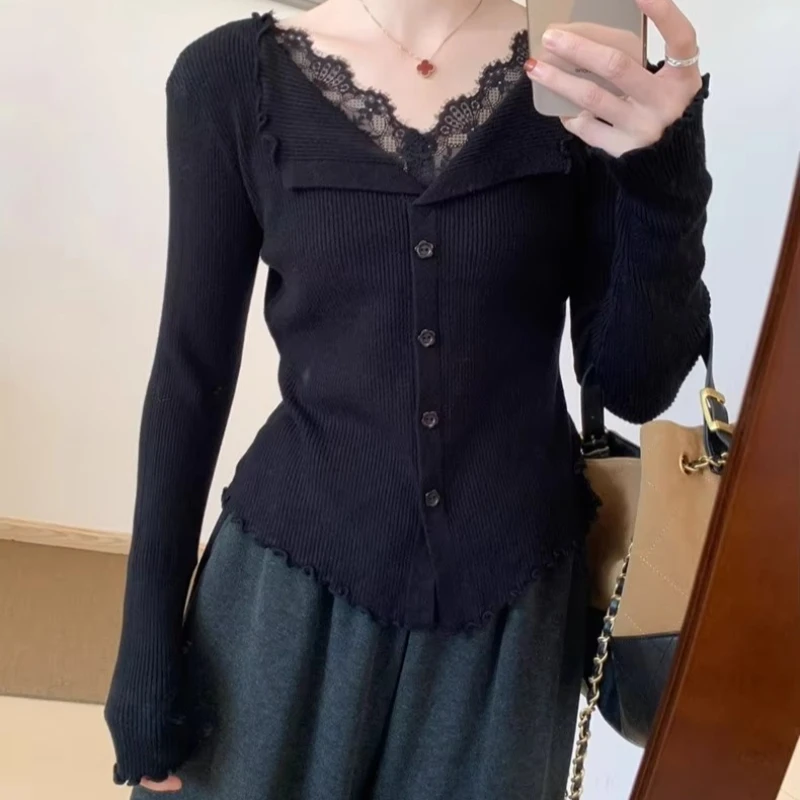 Lace Trim Knit Cardigan for Women Long Sleeve Button Down Fake Two Piece Sweater Fall Winter French Chic Blouse Coquette Tops