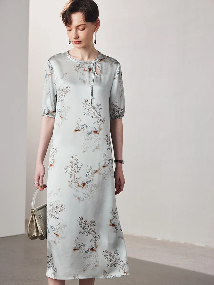 SuyaDream, Women Grey Straight Dresses, 90%Silk 10%Spandex, O Neck, Printed Floral Dress, 2024 Spring Summer Elegant Clothes