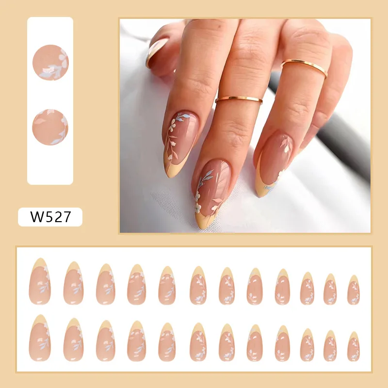 24pcs Simple Leaf Yellow French Tip Press on Nails Almonds Cheap Reusable False Nails Girls Adhesive Fake Nails with Glue Cheap