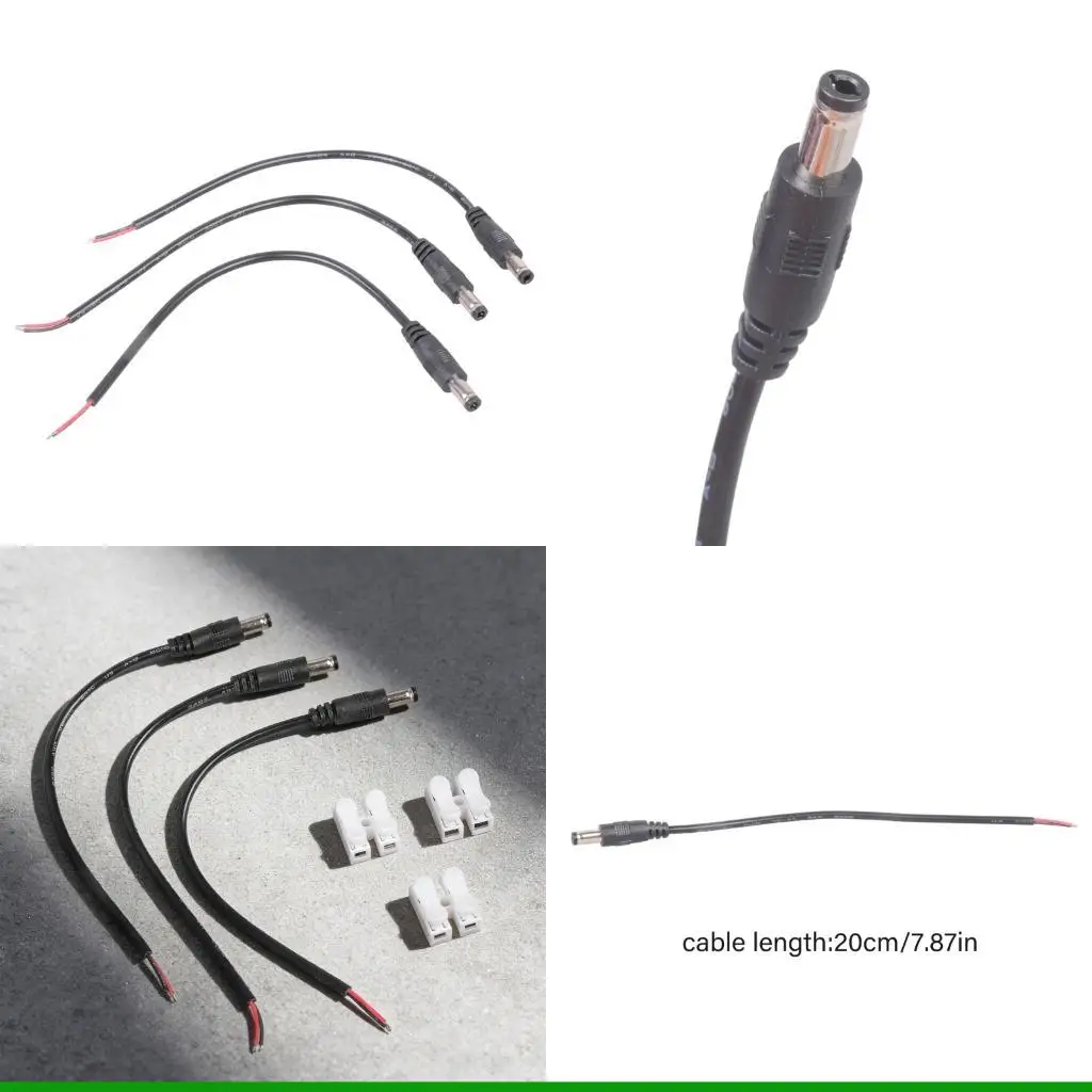 U55C Pack of 3 20cm Flexible Power Cables 5.5x2.5mm Male to 2 Wire Featuring Polarity Indication Power Pigtails Cable