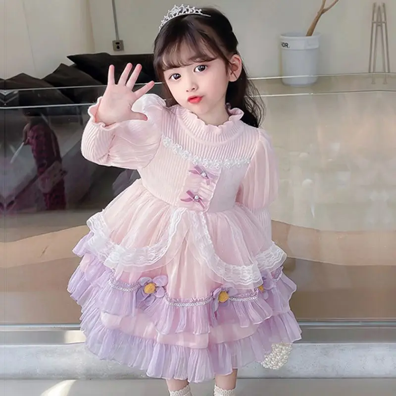 Girls' Princess Dress Autumn and Winter New Western Style Baby Girl Slimming and Velvet Padded Autumn Skirt Children Dres