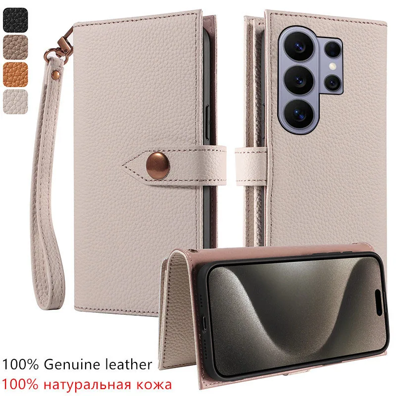 

Luxury 100% Genuine leather card slot wallet Cover For Samsung Galaxy S26 S25 Ultra + Edge Magnetic button shockproof phone Case