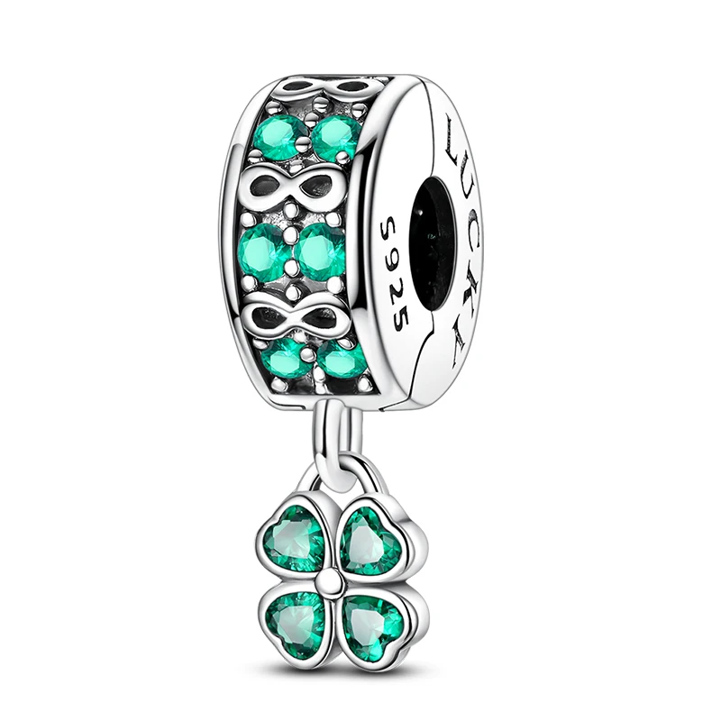 

925 Sterling Silver Infinite Lucky Clover Fixed Clip Sparkling CZ Zircon Charms Dangle Fit 3mm Bracelet DIY Women Jewelry