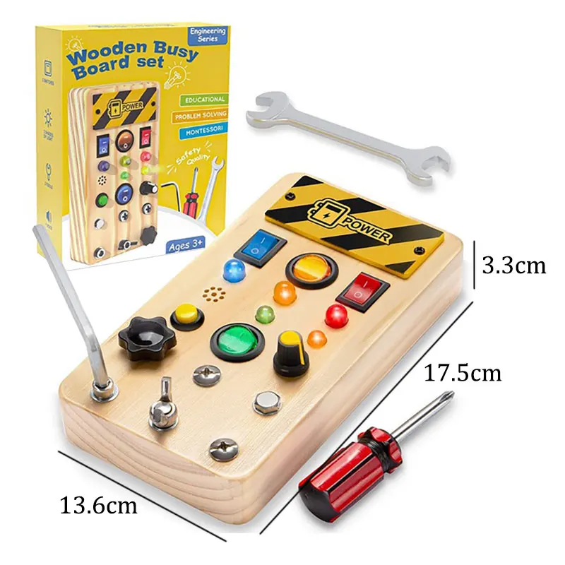 Montessori druk bord zintuiglijk speelgoed houten met LED-lichtschakelaar besturingskaart reisactiviteiten kinderspellen voor 2-4 jaar oud