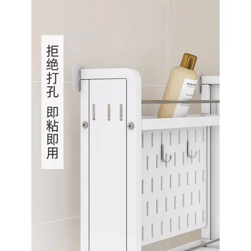 The storage rack behind the bathroom door is a multi-layered floor to ceiling hole board, with gaps in the bathroom