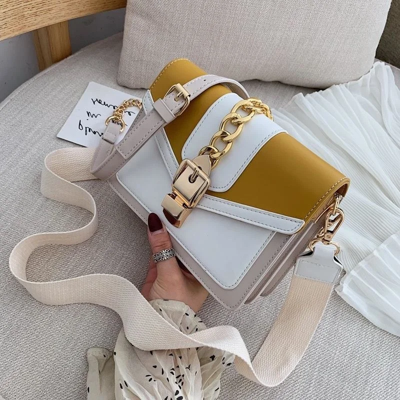 2021 New Korean Fashion Broadband One Shoulder Messenger Women's Simple Color Contrast Small Square Chain Bag Leather Handbags