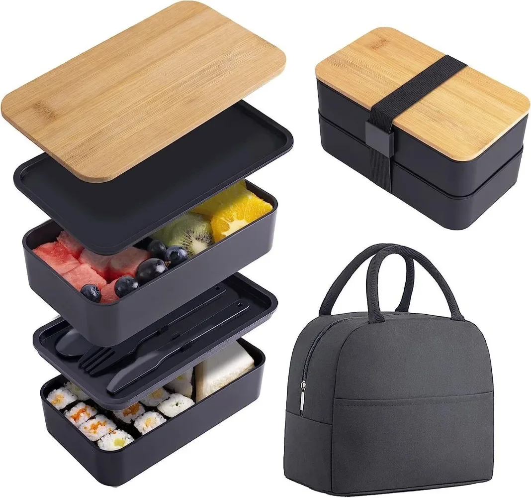 Bento-Lunchbox für Erwachsene, 2-stufiges Aufbewahrungsbehälter-Set für Lebensmittel mit Besteck für Kinder/Kinder, zerkleinerer, mikrowellengeeignet und spülmaschinenfest – Detail 13