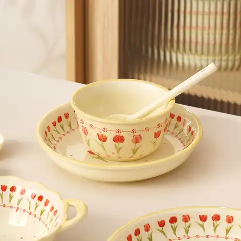 하이 뷰티 그릇 및 접시 세트, 가정용 더블 이어 볼 튤립 접시 그릇, 가정용 디스크 다이닝 INS 바람 물고기 접시, 생일 선물