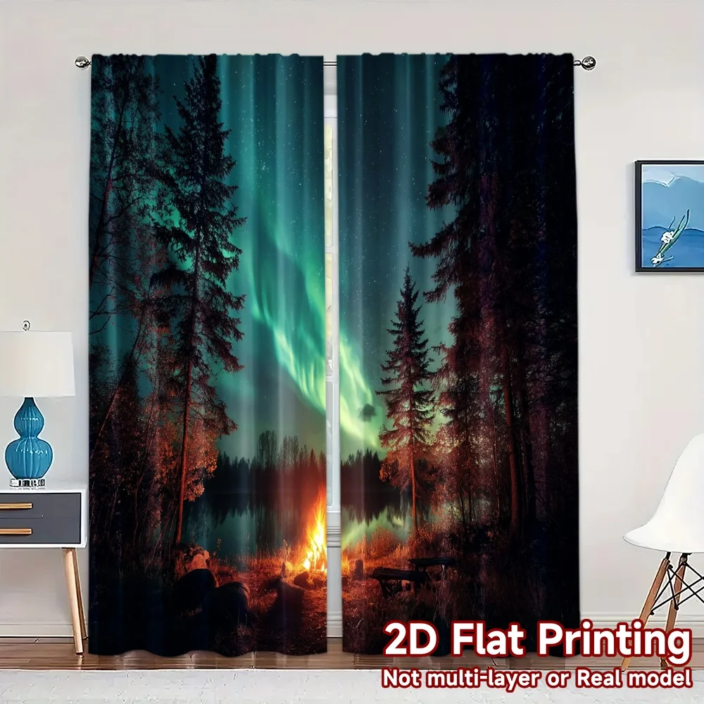 2pcs, 2D FLAT PRINTING Curtains (Without Rod) Aurora Campfire Popular Curtains&Window Treatment Fabric Curtains Holiday for
