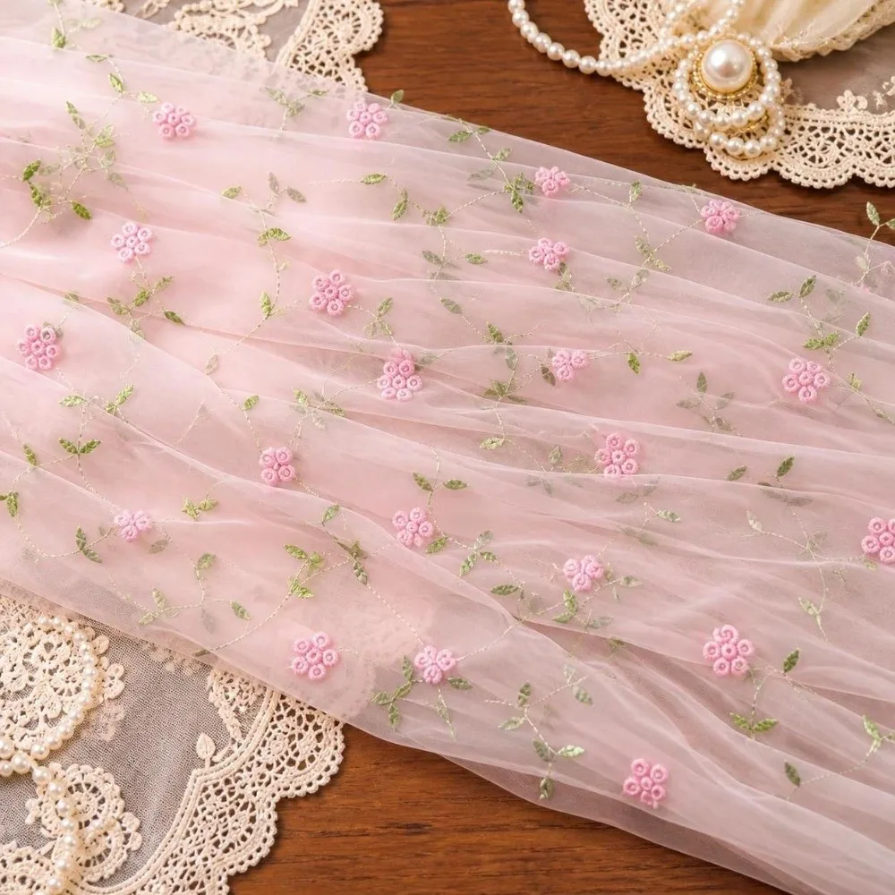 70x280cm Embroidered Table Runner Polyester Material Retro Style Tulle Table Decor Semi-Transparent Gauze Embroidery Design