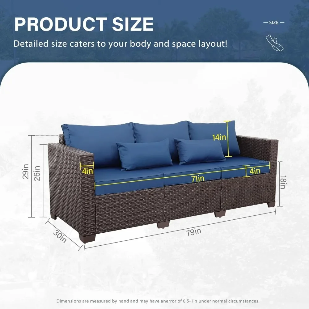 3 Seater Outdoor Brown Wicker Sofa, Deep Seat High Backrest, Non-Slip Cushions, Waterproof Cover