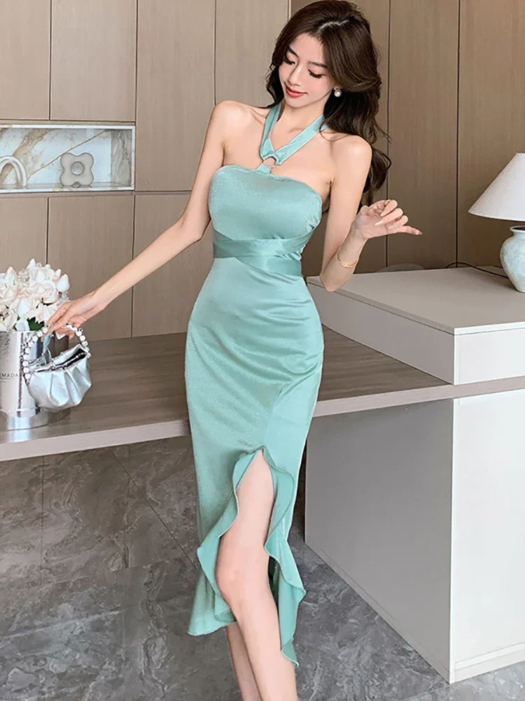 

2025 New Elegant Ruffled Casual Dress Women Korean Fashion Bodycon Vestidos Summer Green Satin Chic Neck Mounted Sexy Long Dress