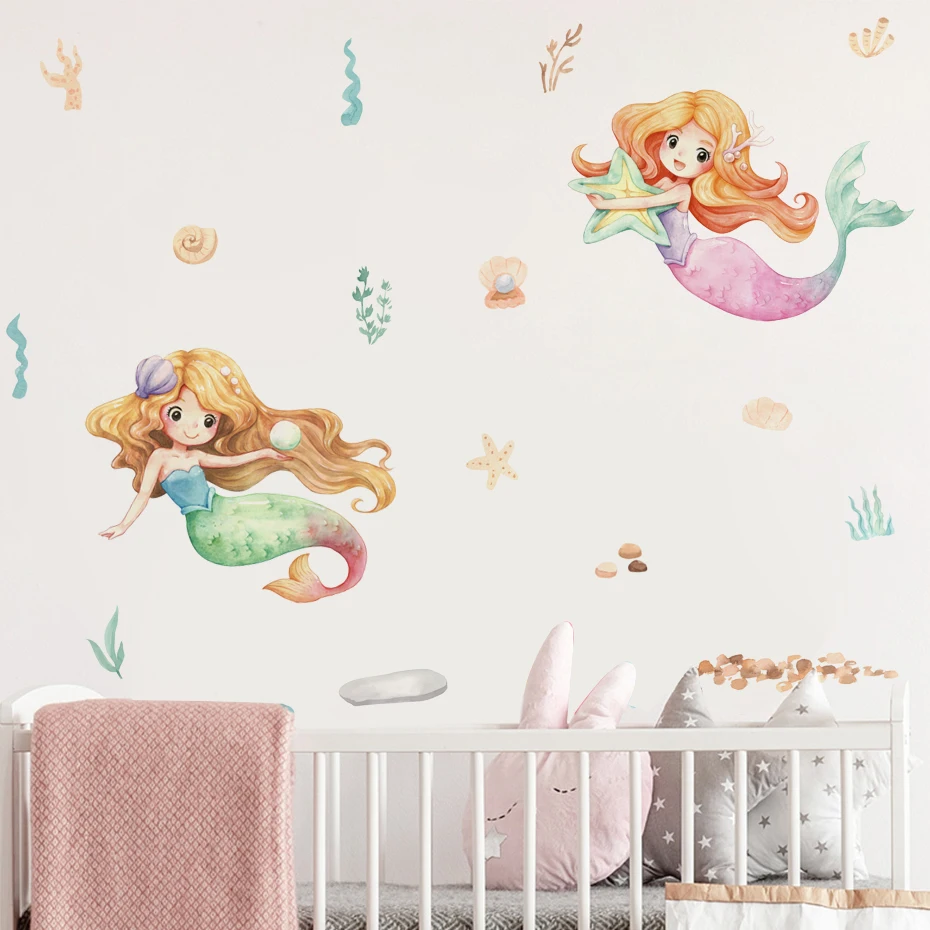 Cartoon Lovely Mermaid Princess Ocean Watercolor Nursery Wall Stickers for Kids Room Girls Room Decor Wall Decals Mural