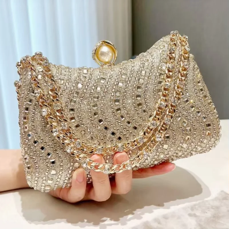 Women Luxury Rhinestone Diamond Inlaid Evening Clutch Bag, Retro Metallic Gold Silver Blue Mini Handbag, Elegant Shoulder Crossb