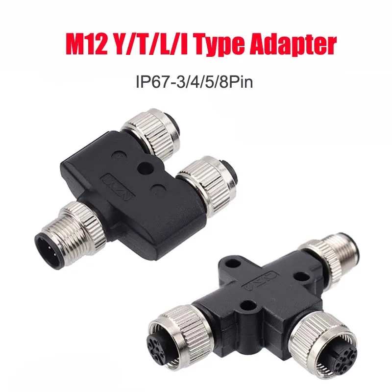 Waterproof M12 3/4/5/8/12 Pin Connector Adapter IP67 1 to 2 Male To Female Y/T/L/-type Plug D-type M12 to M8 B-type Joint Plug