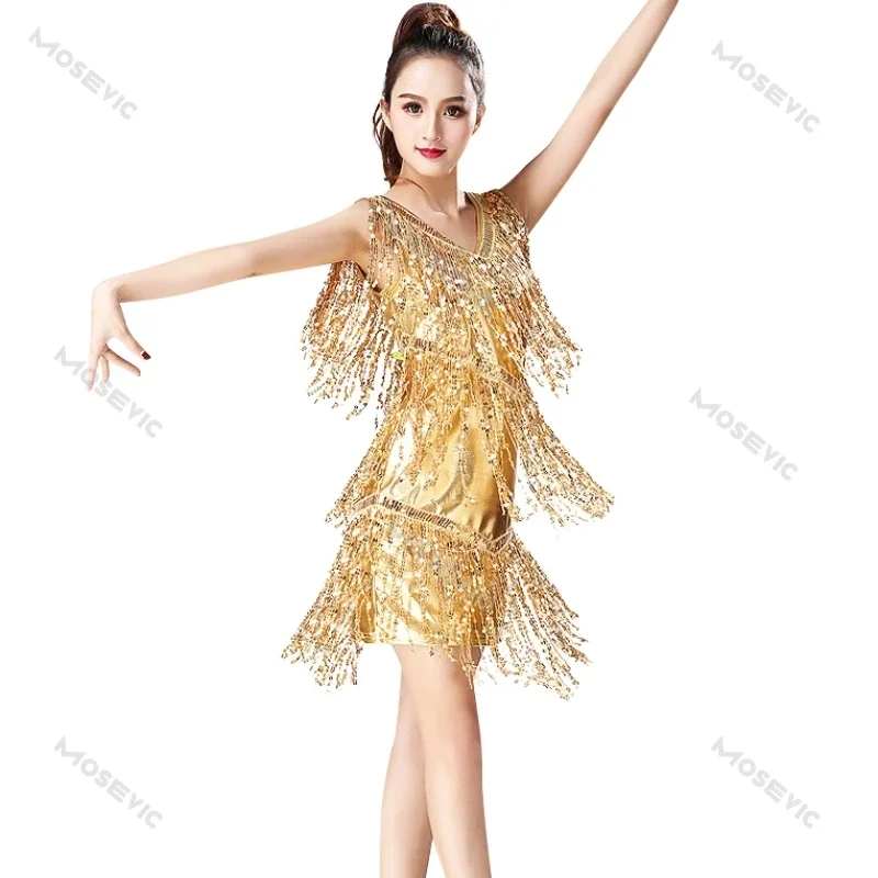 New Women Latin Dance Dress Sleeveless Sequins Sparkle Bodycon Latin Dancewear 360-Degree Surround Glitter Tassel Dress